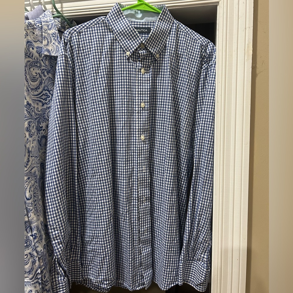 Nautica Blue and White Checkered Slim Fit Dress Shirt